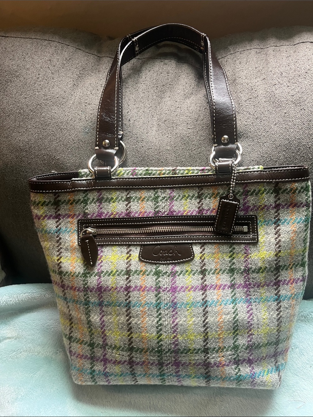 Vtg Coach Penelope Tattersall plaid wool tweed tote purse